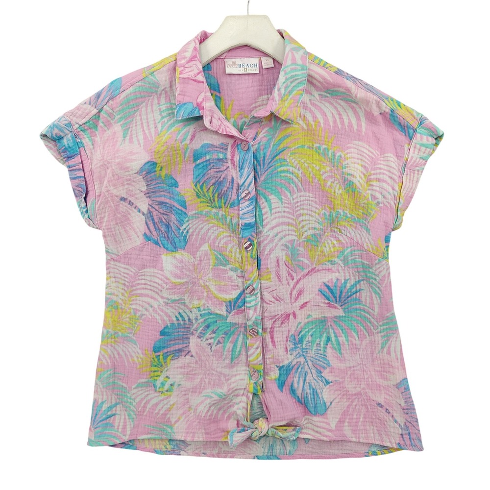 Belle Kim Gravel Womens Gauze Beach Tropical Cotton Shirt XS Pink Palm Tie Front